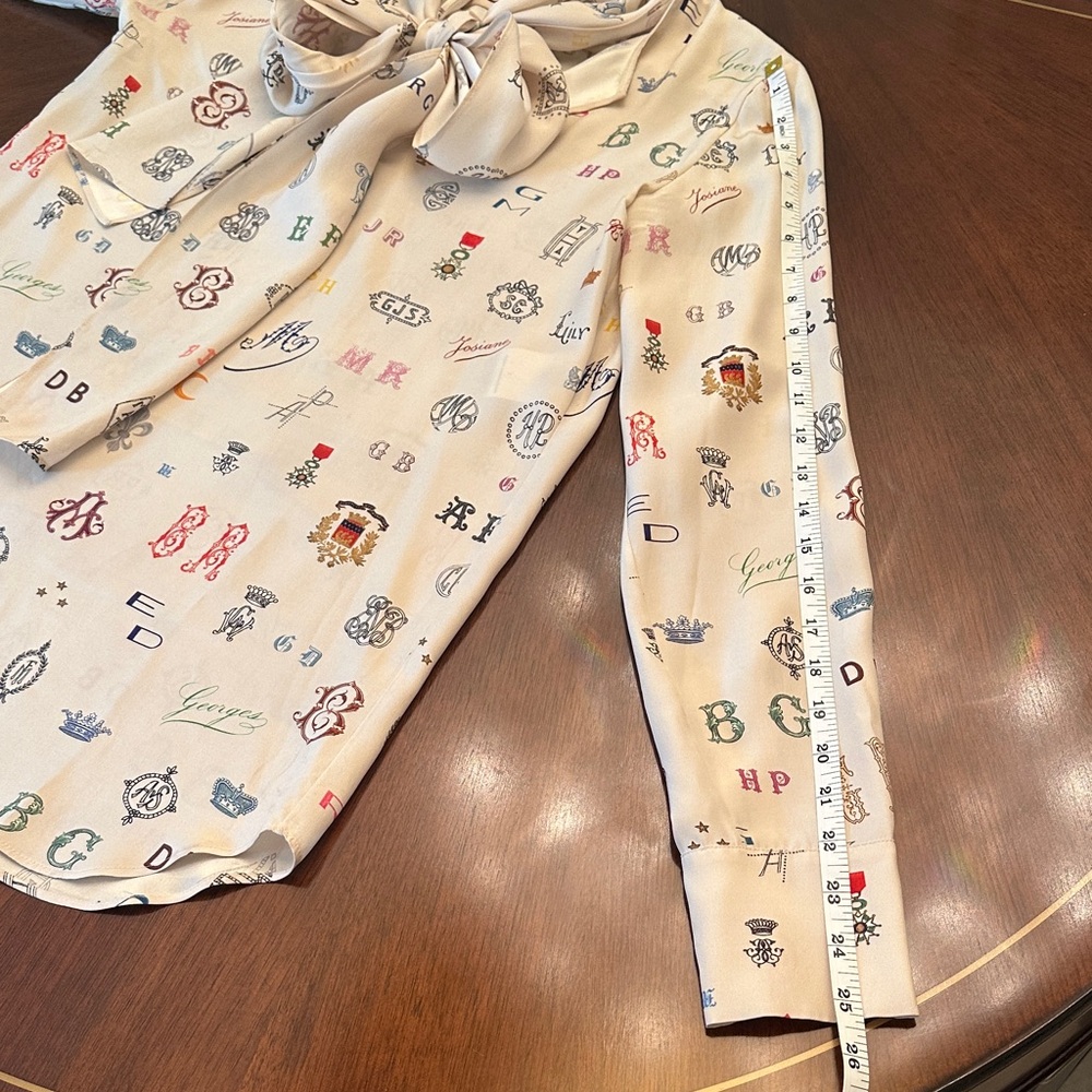Stella McCartney Designer Monogram Print Bow-Tie Blouse – Cream Silk-Feel Top - Picture 6 of 9